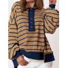 imagePRETTYGARDEN Womens Fall 2024 Striped Oversized Sweatshirt Long Sleeve Button Up Henley Neck Waffle Knit Pullover Tunic TopsStriped Khaki Dark Blue