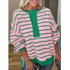 imagePRETTYGARDEN Womens Fall 2024 Striped Oversized Sweatshirt Long Sleeve Button Up Henley Neck Waffle Knit Pullover Tunic TopsStriped Pink Green