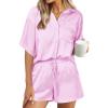 imagePRETTYGARDEN Womens 2 Piece Satin Pajama Sets Short Sleeve Button Down Tops And Shorts Set 2024 Summer Pjs Silk SleepwearPink