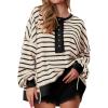 imagePRETTYGARDEN Womens Fall 2024 Striped Oversized Sweatshirt Long Sleeve Button Up Henley Neck Waffle Knit Pullover Tunic TopsStriped Beige Black