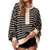 imagePRETTYGARDEN Womens Fall 2024 Striped Oversized Sweatshirt Long Sleeve Button Up Henley Neck Waffle Knit Pullover Tunic TopsStriped Black Beige