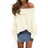 imagePRETTYGARDEN Womens Sweaters Fall Off The Shoulder Batwing Sleeve Top 2024 Outfits Loose Knitted Winter PulloverBeige White