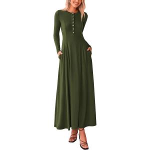 imagePRETTYGARDEN Casual Maxi Dress for Women 2024 Fall Fashion Clothes Long Sleeve Button Fit and Flare Long Flowy DressesArmy Green