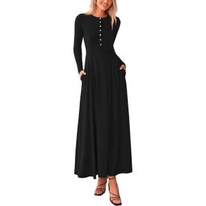 imagePRETTYGARDEN Casual Maxi Dress for Women 2024 Fall Fashion Clothes Long Sleeve Button Fit and Flare Long Flowy DressesBlack