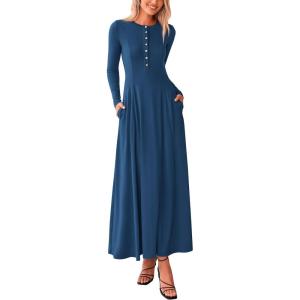 imagePRETTYGARDEN Casual Maxi Dress for Women 2024 Fall Fashion Clothes Long Sleeve Button Fit and Flare Long Flowy DressesDark Blue