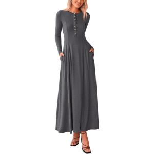 imagePRETTYGARDEN Casual Maxi Dress for Women 2024 Fall Fashion Clothes Long Sleeve Button Fit and Flare Long Flowy DressesDark Grey