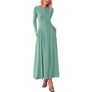 imagePRETTYGARDEN Casual Maxi Dress for Women 2024 Fall Fashion Clothes Long Sleeve Button Fit and Flare Long Flowy DressesFruit Green