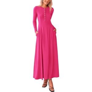 imagePRETTYGARDEN Casual Maxi Dress for Women 2024 Fall Fashion Clothes Long Sleeve Button Fit and Flare Long Flowy DressesRose Red