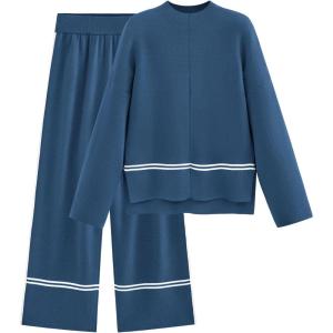 imagePRETTYGARDEN Womens 2 Piece Lounge Sets 2024 Winter Travel Outfits Long Sleeve Pullover Sweater Wide Leg Pants TracksuitsBlue