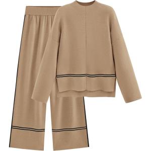 imagePRETTYGARDEN Womens 2 Piece Lounge Sets 2024 Winter Travel Outfits Long Sleeve Pullover Sweater Wide Leg Pants TracksuitsKhaki