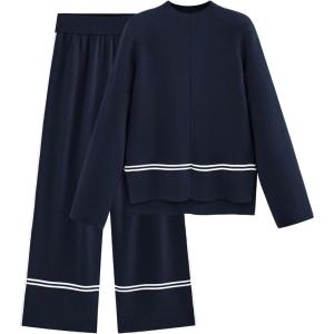 imagePRETTYGARDEN Womens 2 Piece Lounge Sets 2024 Winter Travel Outfits Long Sleeve Pullover Sweater Wide Leg Pants TracksuitsNavy