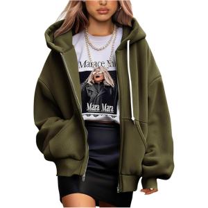 imagePRETTYGARDEN Womens 2024 Fall Oversized Hoodies Sweatshirt Long Sleeve Zip Up Pockets Loose Fit Y2K Winter Jackets CoatArmy Green