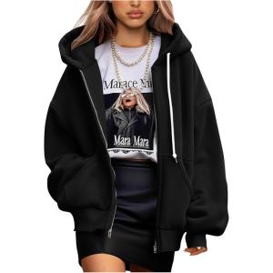 imagePRETTYGARDEN Womens 2024 Fall Oversized Hoodies Sweatshirt Long Sleeve Zip Up Pockets Loose Fit Y2K Winter Jackets CoatBlack