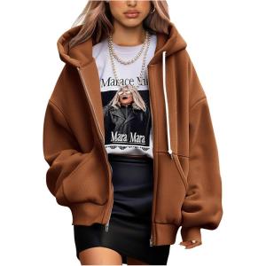 imagePRETTYGARDEN Womens 2024 Fall Oversized Hoodies Sweatshirt Long Sleeve Zip Up Pockets Loose Fit Y2K Winter Jackets CoatCaramel