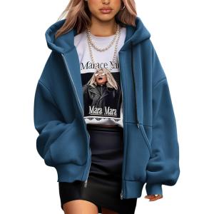 imagePRETTYGARDEN Womens 2024 Fall Oversized Hoodies Sweatshirt Long Sleeve Zip Up Pockets Loose Fit Y2K Winter Jackets CoatDark Blue