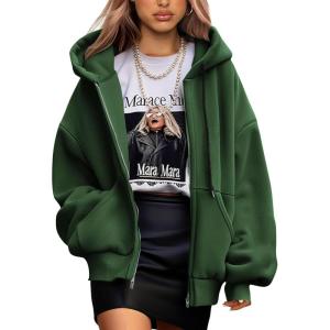 imagePRETTYGARDEN Womens 2024 Fall Oversized Hoodies Sweatshirt Long Sleeve Zip Up Pockets Loose Fit Y2K Winter Jackets CoatDark Green