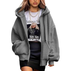 imagePRETTYGARDEN Womens 2024 Fall Oversized Hoodies Sweatshirt Long Sleeve Zip Up Pockets Loose Fit Y2K Winter Jackets CoatDark Grey
