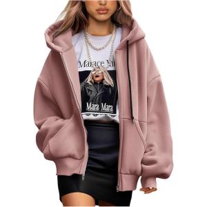 imagePRETTYGARDEN Womens 2024 Fall Oversized Hoodies Sweatshirt Long Sleeve Zip Up Pockets Loose Fit Y2K Winter Jackets CoatDusty Pink