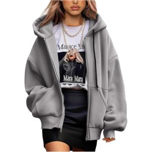imagePRETTYGARDEN Womens 2024 Fall Oversized Hoodies Sweatshirt Long Sleeve Zip Up Pockets Loose Fit Y2K Winter Jackets CoatGrey