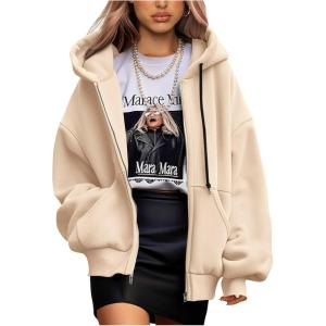 imagePRETTYGARDEN Womens 2024 Fall Oversized Hoodies Sweatshirt Long Sleeve Zip Up Pockets Loose Fit Y2K Winter Jackets CoatKhaki
