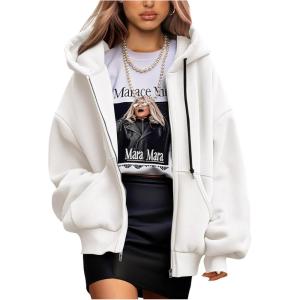 imagePRETTYGARDEN Womens 2024 Fall Oversized Hoodies Sweatshirt Long Sleeve Zip Up Pockets Loose Fit Y2K Winter Jackets CoatWhite