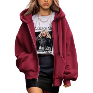 imagePRETTYGARDEN Womens 2024 Fall Oversized Hoodies Sweatshirt Long Sleeve Zip Up Pockets Loose Fit Y2K Winter Jackets CoatWine Red