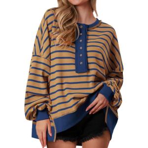 imagePRETTYGARDEN Womens Fall 2024 Striped Oversized Sweatshirt Long Sleeve Button Up Henley Neck Waffle Knit Pullover Tunic TopsStriped Khaki Dark Blue