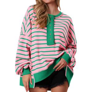 imagePRETTYGARDEN Womens Fall 2024 Striped Oversized Sweatshirt Long Sleeve Button Up Henley Neck Waffle Knit Pullover Tunic TopsStriped Pink Green