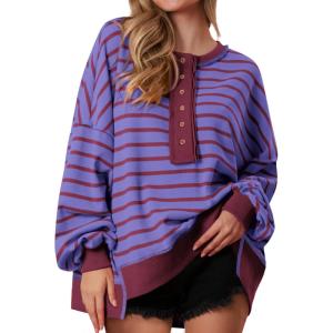 imagePRETTYGARDEN Womens Fall 2024 Striped Oversized Sweatshirt Long Sleeve Button Up Henley Neck Waffle Knit Pullover Tunic TopsStriped Purple Dark Red