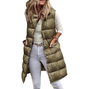 imagePRETTYGARDEN Womens Fall Long Puffer Vest Collared Sleeveless Button Down Warm Jackets Coat Casual Trendy Winter OuterwearArmy Green