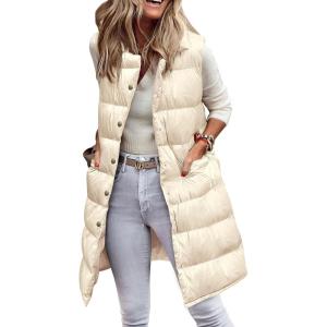 imagePRETTYGARDEN Womens Fall Long Puffer Vest Collared Sleeveless Button Down Warm Jackets Coat Casual Trendy Winter OuterwearBeige