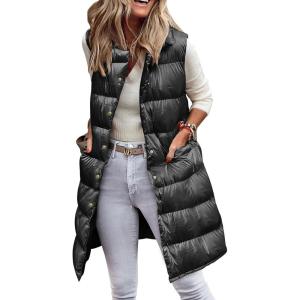 imagePRETTYGARDEN Womens Fall Long Puffer Vest Collared Sleeveless Button Down Warm Jackets Coat Casual Trendy Winter OuterwearBlack