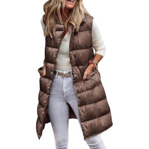 imagePRETTYGARDEN Womens Fall Long Puffer Vest Collared Sleeveless Button Down Warm Jackets Coat Casual Trendy Winter OuterwearCoffee