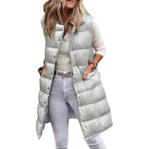 imagePRETTYGARDEN Womens Fall Long Puffer Vest Collared Sleeveless Button Down Warm Jackets Coat Casual Trendy Winter OuterwearSilver Grey