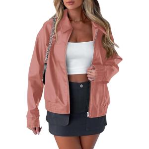 imagePRETTYGARDEN Womens Faux Leather Jackets 2024 Fall Outfits Bomber Jacket Zip Up Motorcycle Coats Long Sleeve Winter ClothesDark Pink