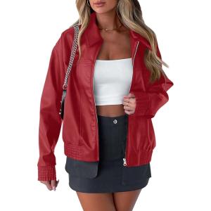 imagePRETTYGARDEN Womens Faux Leather Jackets 2024 Fall Outfits Bomber Jacket Zip Up Motorcycle Coats Long Sleeve Winter ClothesDark Red