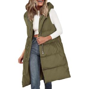 imagePRETTYGARDEN Womens Long Puffer Vest 2024 Winter Trendy Zip Up Sleeveless Coat Down Jacket Quilted Hooded OuterwearArmy Green