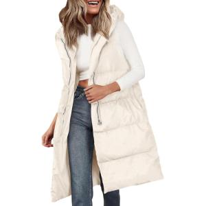 imagePRETTYGARDEN Womens Long Puffer Vest 2024 Winter Trendy Zip Up Sleeveless Coat Down Jacket Quilted Hooded OuterwearBeige