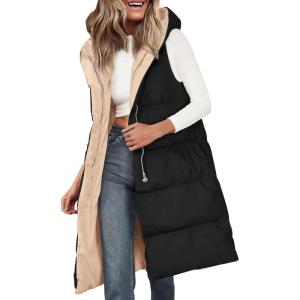 imagePRETTYGARDEN Womens Long Puffer Vest 2024 Winter Trendy Zip Up Sleeveless Coat Down Jacket Quilted Hooded OuterwearBlack