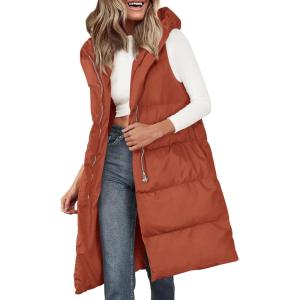 imagePRETTYGARDEN Womens Long Puffer Vest 2024 Winter Trendy Zip Up Sleeveless Coat Down Jacket Quilted Hooded OuterwearBrick Red