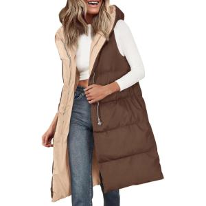 imagePRETTYGARDEN Womens Long Puffer Vest 2024 Winter Trendy Zip Up Sleeveless Coat Down Jacket Quilted Hooded OuterwearDark Brown