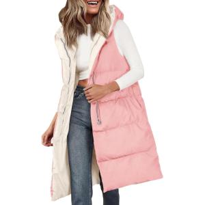 imagePRETTYGARDEN Womens Long Puffer Vest 2024 Winter Trendy Zip Up Sleeveless Coat Down Jacket Quilted Hooded OuterwearPink