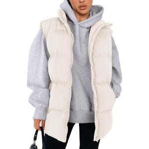 imagePRETTYGARDEN Womens Puffer Jacket Vests Fall Casual Sleeveless Stand Collar Zip Up Coats Warm Winter OuterwearBeige White