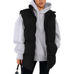 imagePRETTYGARDEN Womens Puffer Jacket Vests Fall Casual Sleeveless Stand Collar Zip Up Coats Warm Winter OuterwearBlack