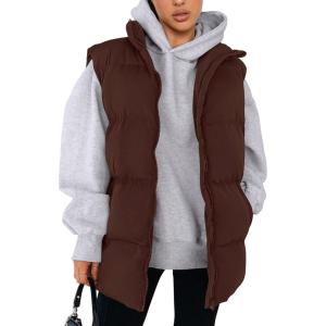 imagePRETTYGARDEN Womens Puffer Jacket Vests Fall Casual Sleeveless Stand Collar Zip Up Coats Warm Winter OuterwearDark Brown