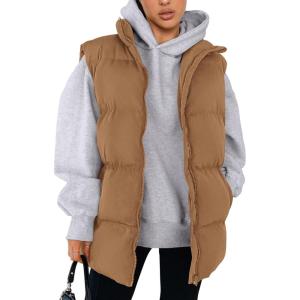 imagePRETTYGARDEN Womens Puffer Jacket Vests Fall Casual Sleeveless Stand Collar Zip Up Coats Warm Winter OuterwearKhaki