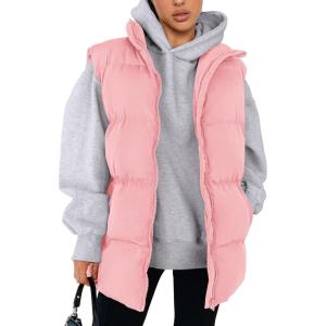 imagePRETTYGARDEN Womens Puffer Jacket Vests Fall Casual Sleeveless Stand Collar Zip Up Coats Warm Winter OuterwearLight Pink