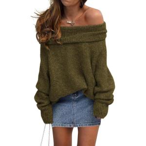 imagePRETTYGARDEN Womens Sweaters Fall Off The Shoulder Batwing Sleeve Top 2024 Outfits Loose Knitted Winter PulloverArmy Green