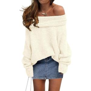 imagePRETTYGARDEN Womens Sweaters Fall Off The Shoulder Batwing Sleeve Top 2024 Outfits Loose Knitted Winter PulloverBeige White