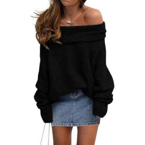 imagePRETTYGARDEN Womens Sweaters Fall Off The Shoulder Batwing Sleeve Top 2024 Outfits Loose Knitted Winter PulloverBlack